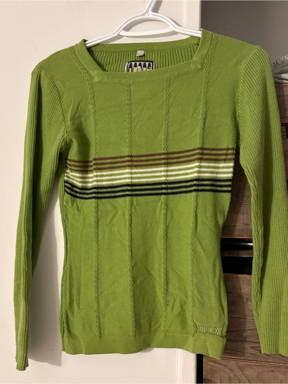 Vintage 90s / Y2K Index Green Striped Square Neck Knit Pullover Sweater Size 1